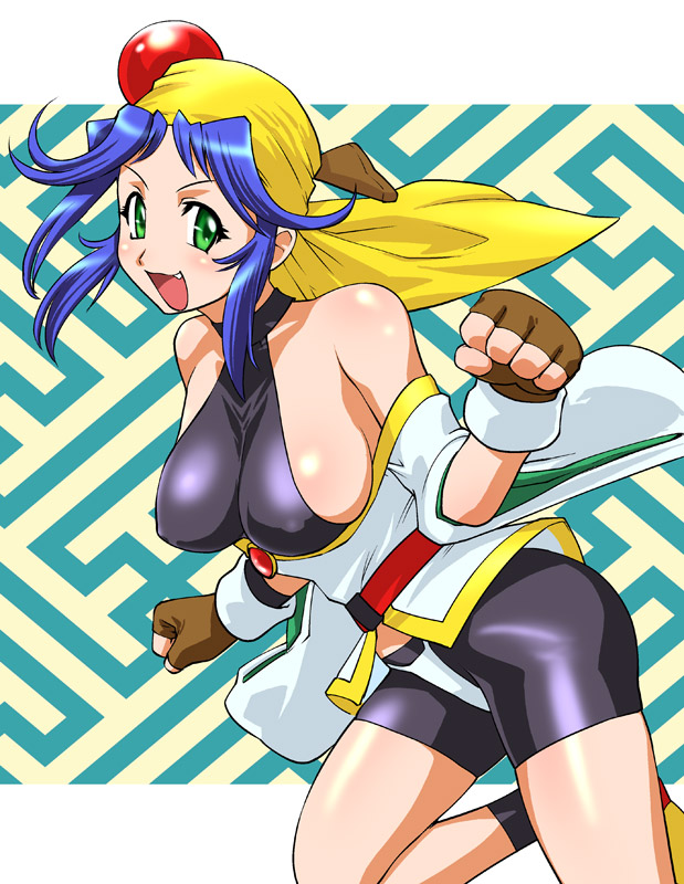 1990s_(style) android bandana bike_shorts blue_hair breasts covered_erect_nipples cute_fang female fingerless_gloves gloves light-skinned_female light_skin lime_(saber_j) long_hair nipple_bulge oerba_yun_fang panties_over_bodysuit saber_marionette_j sayagata sideboob solo ueyama_michirou