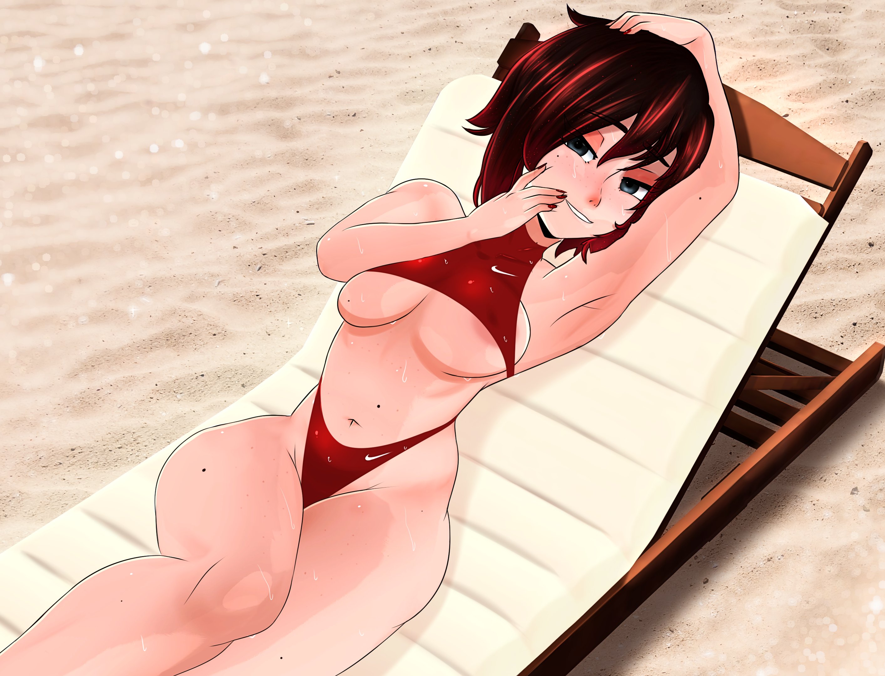 1girls, 3d, 3d (artwork), 3d model, areolae, beach, big breasts, bikini, breasts, cleavage, female, female only, looking at viewer, mole, porongoneitor, red hair, ruby rose, rwby, short hair, sweaty, sweaty body, thick thighs, underboob, voluptuous, voluptuous female, wet, wet body, wide hips