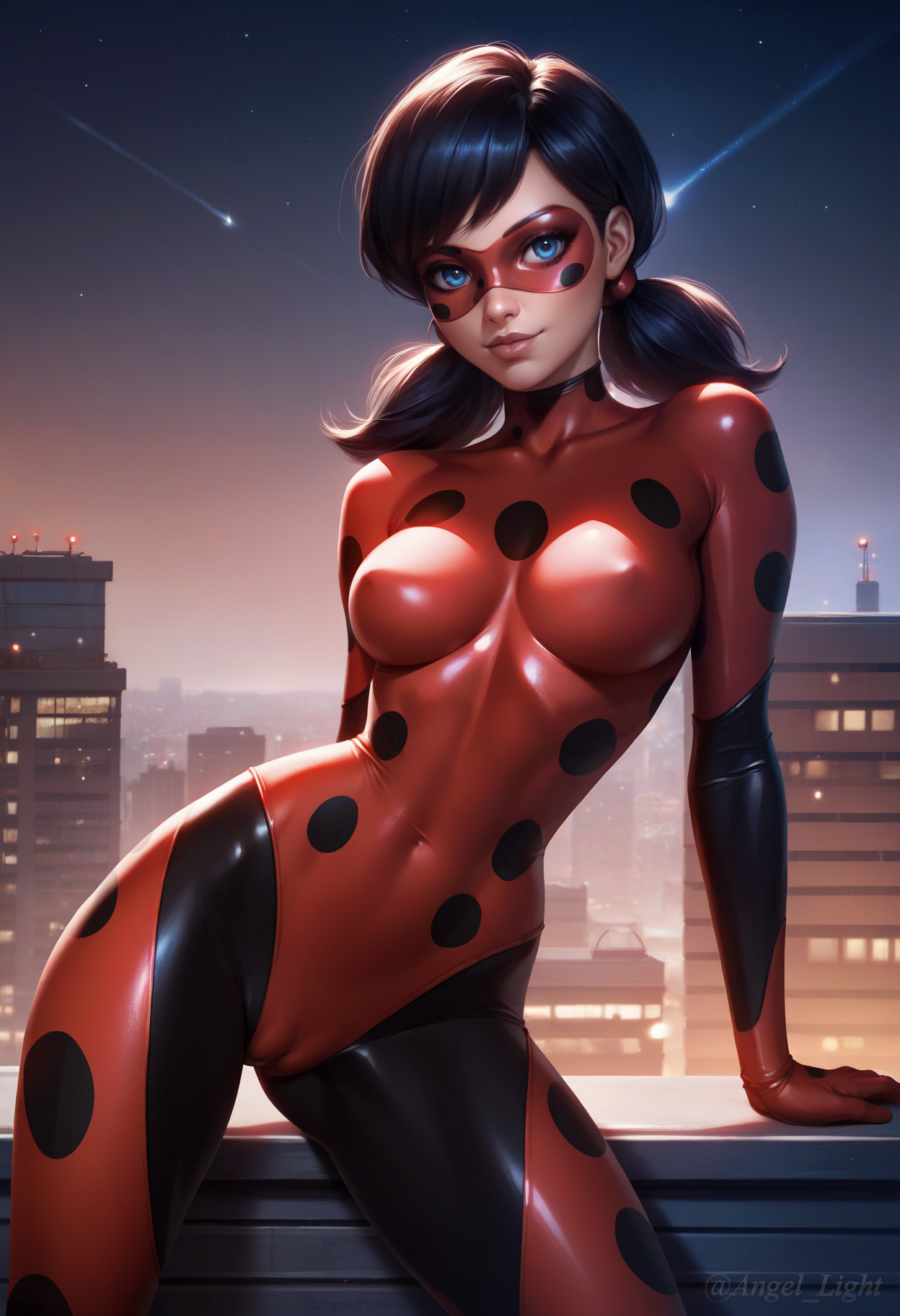 1girls, ai generated, angel light, angel light (artist), blue eyes, bodysuit, cameltoe, female, jpeg, ladybug (character), latex, latex suit, marinette cheng, marinette dupain-cheng, miraculous ladybug, nipples visible through clothing, pussy, self upload, shooting star, suit