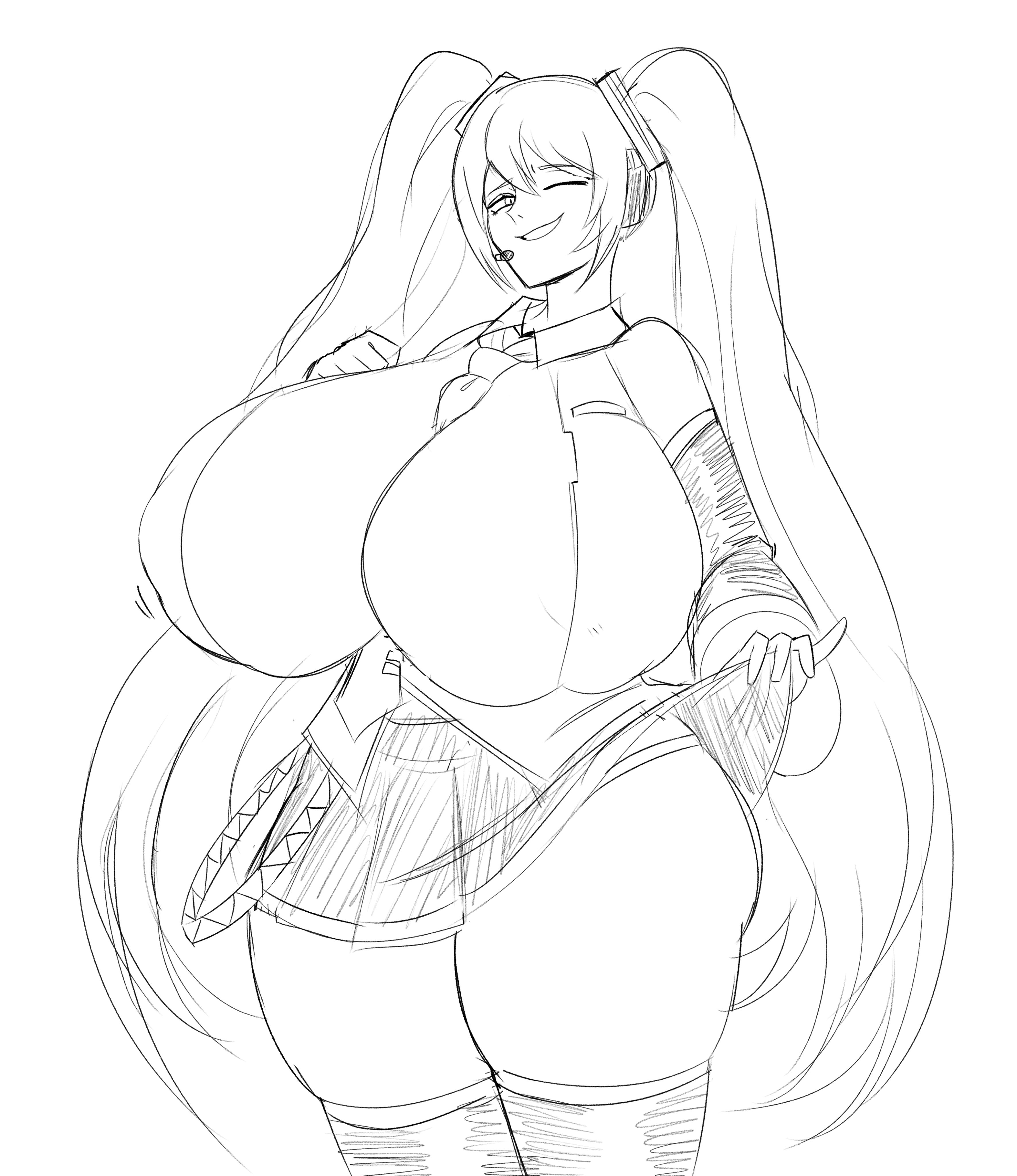 1girl, 1girls, alternate breast size, ass, big ass, big breasts, breasts, cleavage, clothes lift, detached sleeves, emmarrgus, fat ass, female, female focus, female only, gigantic breasts, greyscale, grin, hatsune miku, headset, highs, huge breasts, lifting skirt, lineart, long hair, looking at viewer, massive breasts, miniskirt, monochrome, necktie, necktie between breasts, one eye closed, panties, revealing clothes, skirt, skirt lift, smile, solo, thick ass, thick thighs, thigh, thighhighs, thighs, twintails, underwear, unfinished, very long hair, vocaloid, wide hips, wink