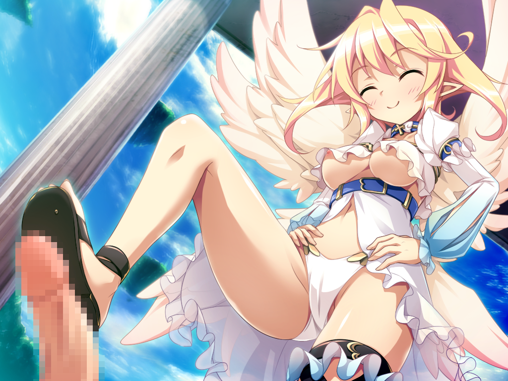 akuma_de_oshioki! belt blade_(galaxist) blonde_hair breasts censored closed_eyes dutch_angle female floating_island footjob frills game_cg hands_on_hips navel panties penis pointy_ears sandaljob sandals shoejob smile stellar_(akuma_de_oshioki!) trampling underboob underwear white_panties wings