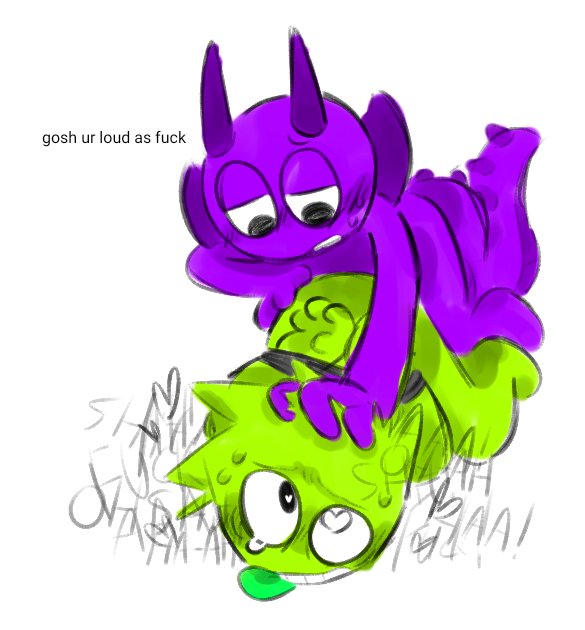 2boys durple_(sprunki) gay green_skin lime_(sprunki) non-human owakcx_(sprunki) purple_(sprunki) purple_skin sprunki text toony white_background