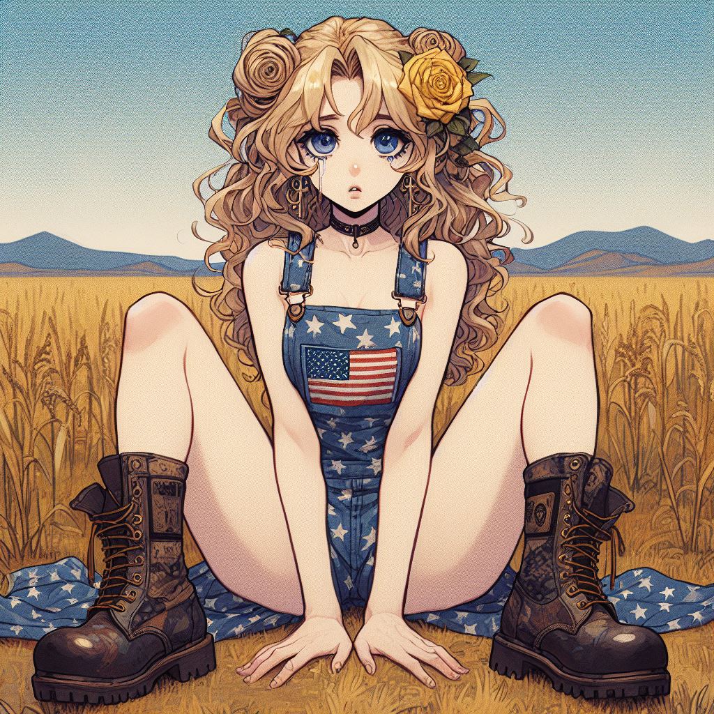 1girls ai_generated american american_flag blonde_hair blue_eyes boots choker country_girl cross_earrings earrings female field flower flower_in_hair legs_apart legs_spread light-skinned_female light_skin long_hair looking_at_viewer national_personification outdoors outside overalls overalls_only rose_(flower) rose_in_hair shoelaces_untied sitting solo thighs united_states_of_america untied_shoes usa wheat