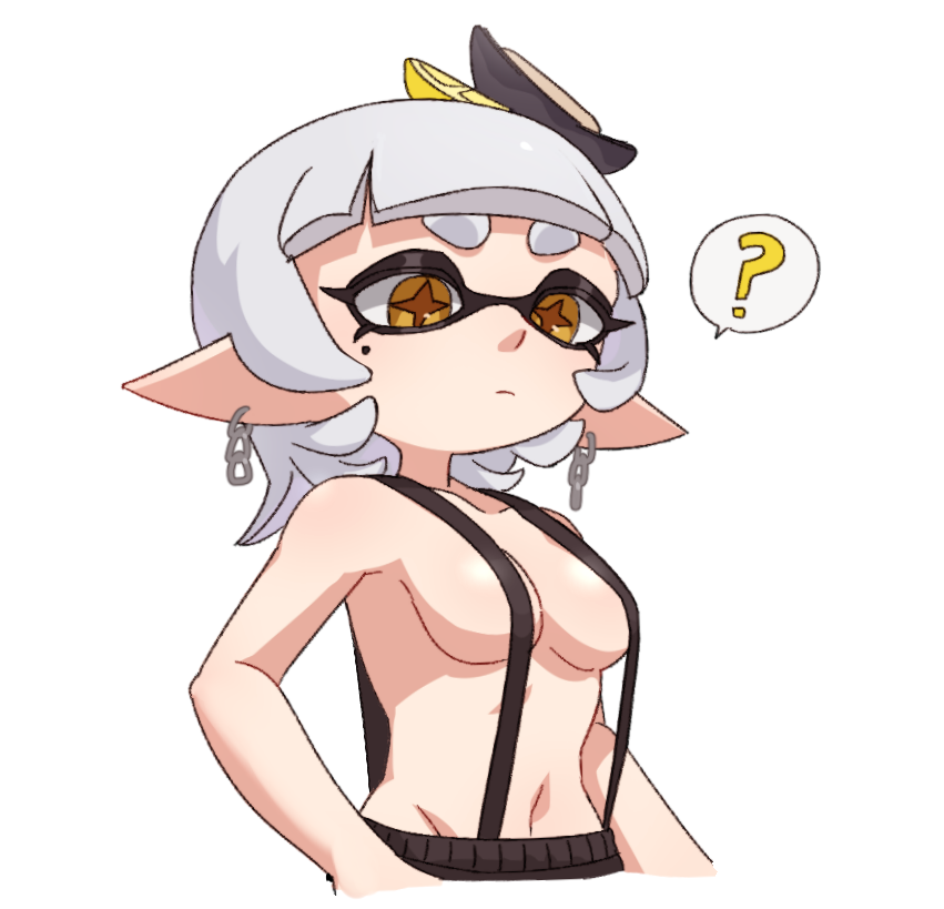 1girls ? breasts closed_mouth commentary_request cropped_torso earrings eyelashes female food food_on_head grey_hair ikki_(gsl_9708) inkling inkling_girl jewelry marie_(splatoon) medium_hair mole mole_under_eye navel nintendo object_on_head official_alternate_costume pointy_ears simple_background solo splatfest splatoon_(series) splatoon_3 spoken_question_mark star-shaped_pupils star_(symbol) summer_nights_splatfest suspenders symbol-shaped_pupils tentacle_hair thick_eyebrows white_background yellow_pupils