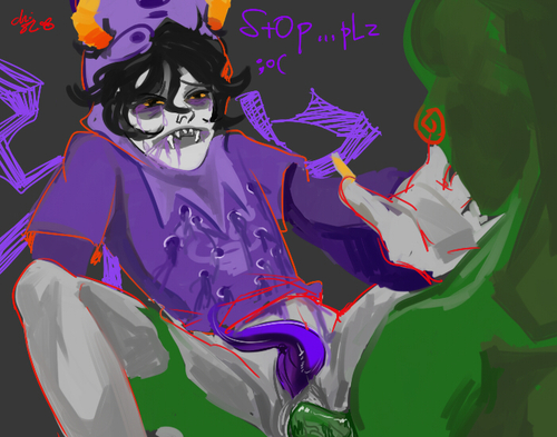 begging black_hair blush bullet_holes caliborn crying dick_in_ass fangs fluffy_hair gamzee_makara green_skin grey_skin holding_legs homestuck homestuck_troll hood makeup male_focus male_only no_underwear orange_nails purple_penis reaching_towards_another red_outline sad_face tentacle upset