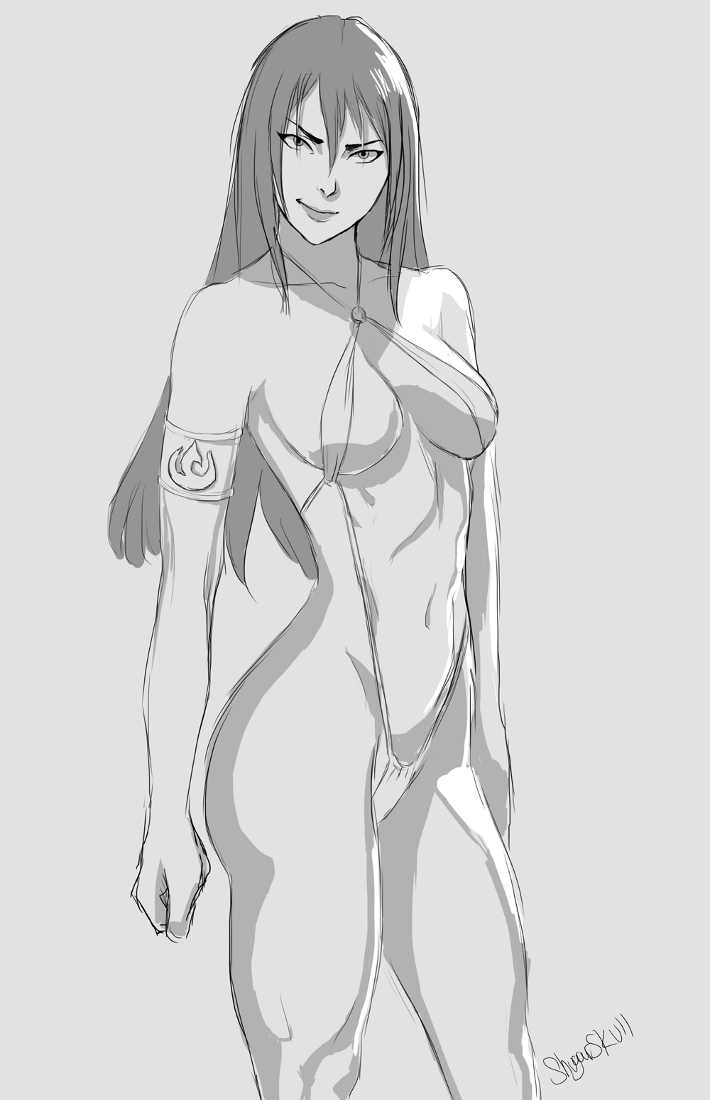 avatar_the_last_airbender azula bikini breasts female long_hair looking_at_viewer medium_breasts micro_bikini monochrome rough_sketch shugarskull smile solo swimsuit thighs