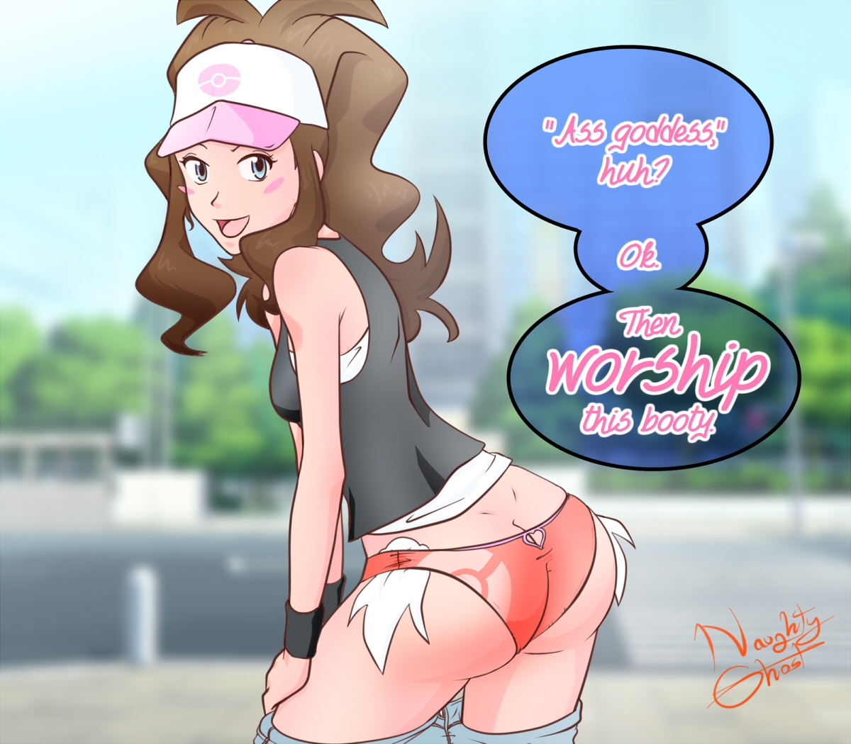 ass, female, female only, hilda (pokemon), human, looking at viewer, naughtyghost, panties, pants down, pokemon, print panties, solo