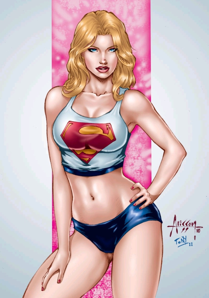 2010s 2011 alisson_rodrigues artist_signature belly blonde_hair blue_eyes blue_shorts dc dc_comics deviantart deviantart_link female female_only hand_on_hip kryptonian light-skinned_female light_skin linda_danvers looking_at_viewer micro_shorts navel partially_clothed red_lipstick short_shorts shorts signature solo solo_female supergirl superheroine superman_logo tank_top tony_ramirez white_top white_topwear