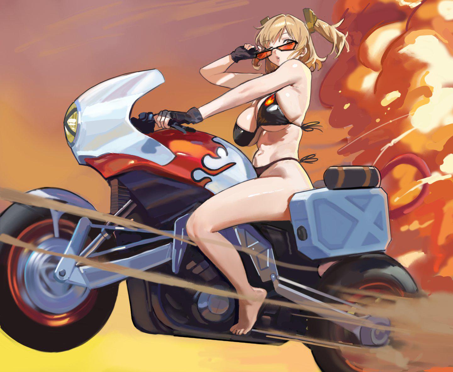 adjusting_eyewear bikini blonde_hair burnice_white gloves hintobento huge_breasts looking_over_eyewear looking_over_sunglasses motorcycle sunglasses tinted_eyewear twintails zenless_zone_zero