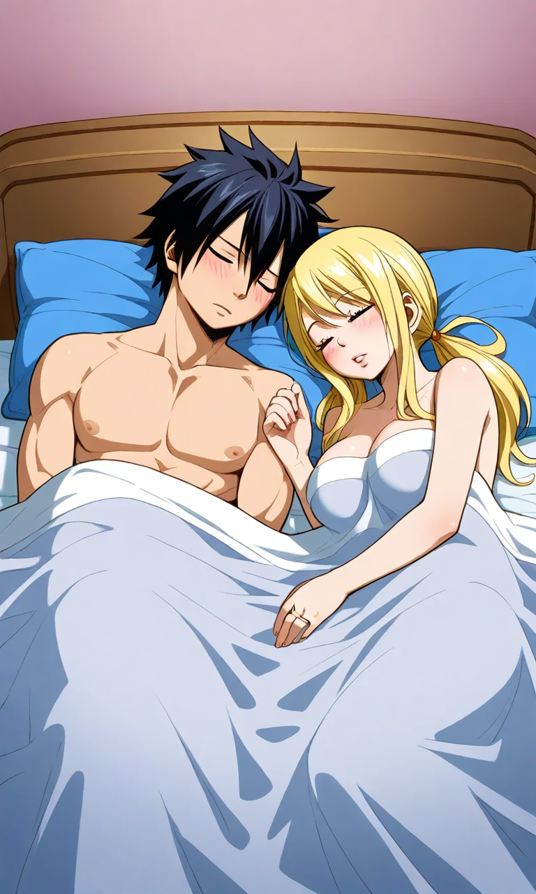 ai_generated black_hair blonde_hair blush fairy_tail gray_fullbuster lucy_heartfilia married_couple pixai wedding_ring