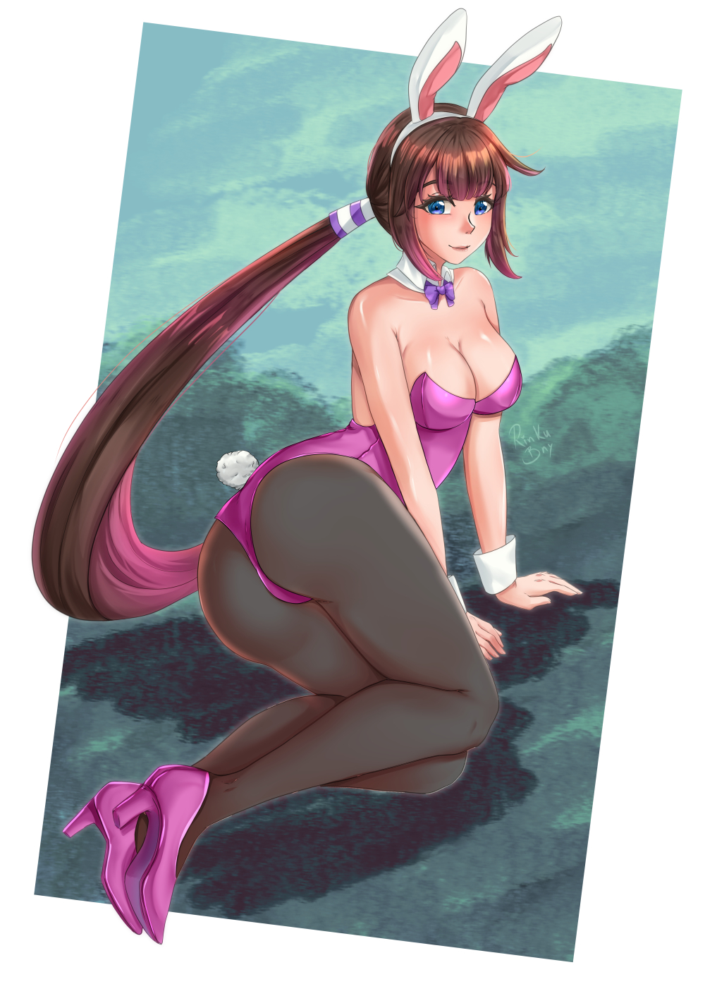 animal_ears blue_eyes bow bowtie brown_hair commentary commission creatures_(company) detached_collar english_commentary fake_animal_ears fake_tail female game_freak hair_ornament heroine_(pokemon_conquest) high_heels highres leotard nintendo pantyhose playboy_bunny pokemon pokemon_conquest purple_bow purple_bowtie purple_footwear rabbit_ears rabbit_tail rinku_bny solo tail wrist_cuffs