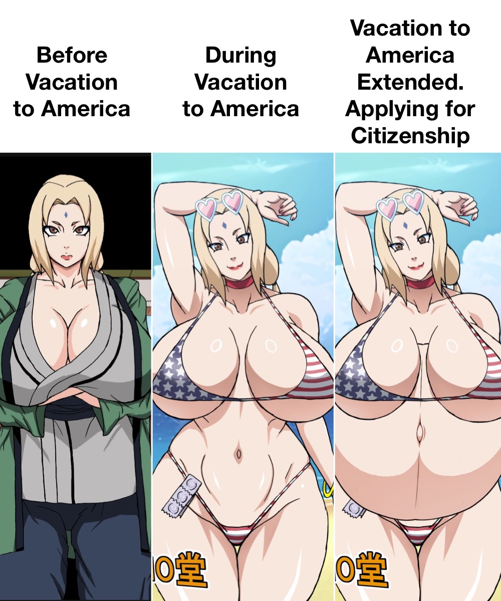 1girls american_flag_bikini beach before_and_after condom cowboy_shot day forehead_jewel fully_clothed heart-shaped_eyewear heart_glasses hourglass_figure implied_impregnation legs_together linea_nigra naruho naruto naruto_(series) outdoors outie_navel pregnant solo standing straight-on thigh_gap tsunade