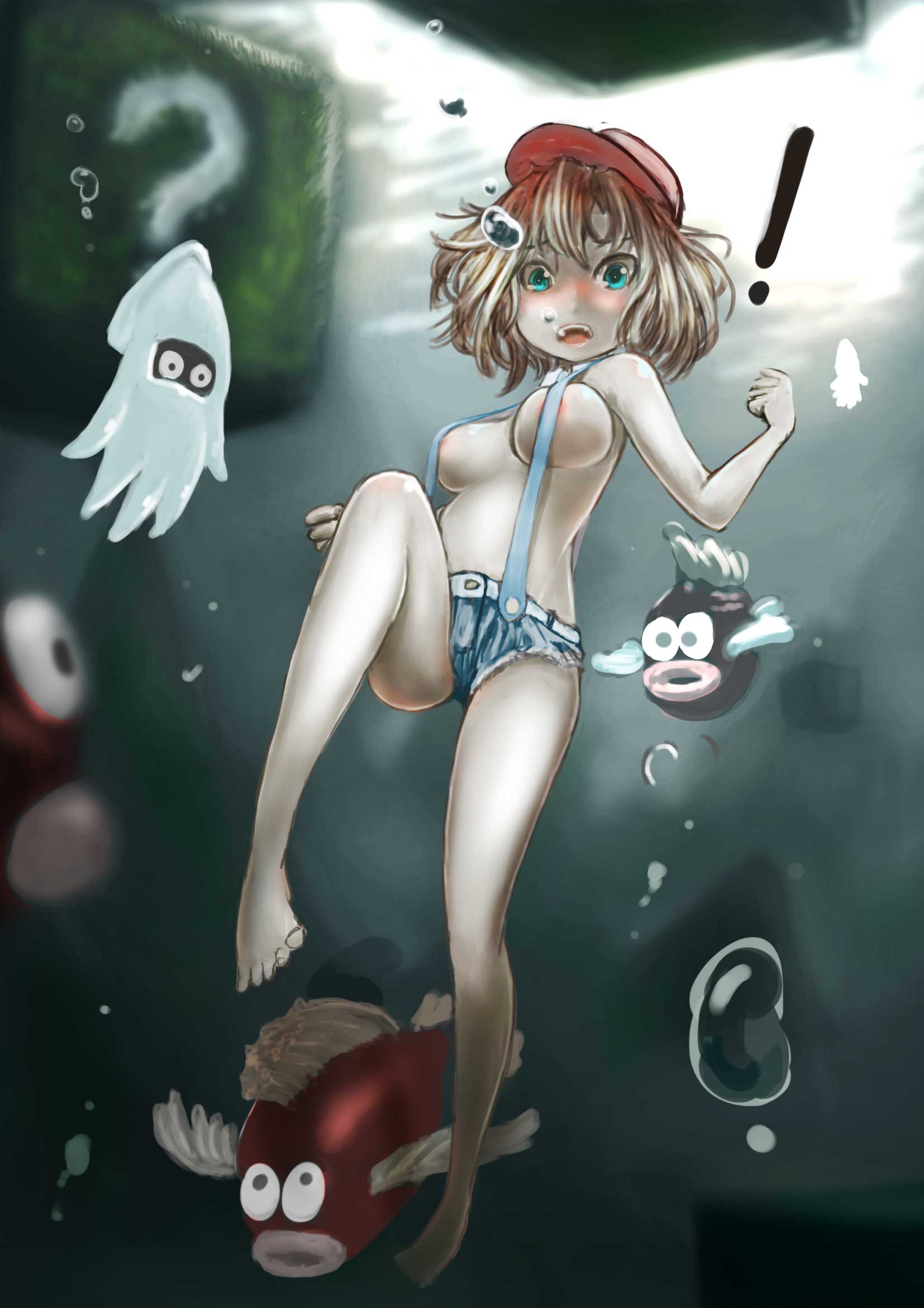 ?_block blooper cheep_cheep mario mario_(series) nintendo rou271 rou_(rou22) rule_63 short_shorts sideboob super_mario_bros. suspenders underwater