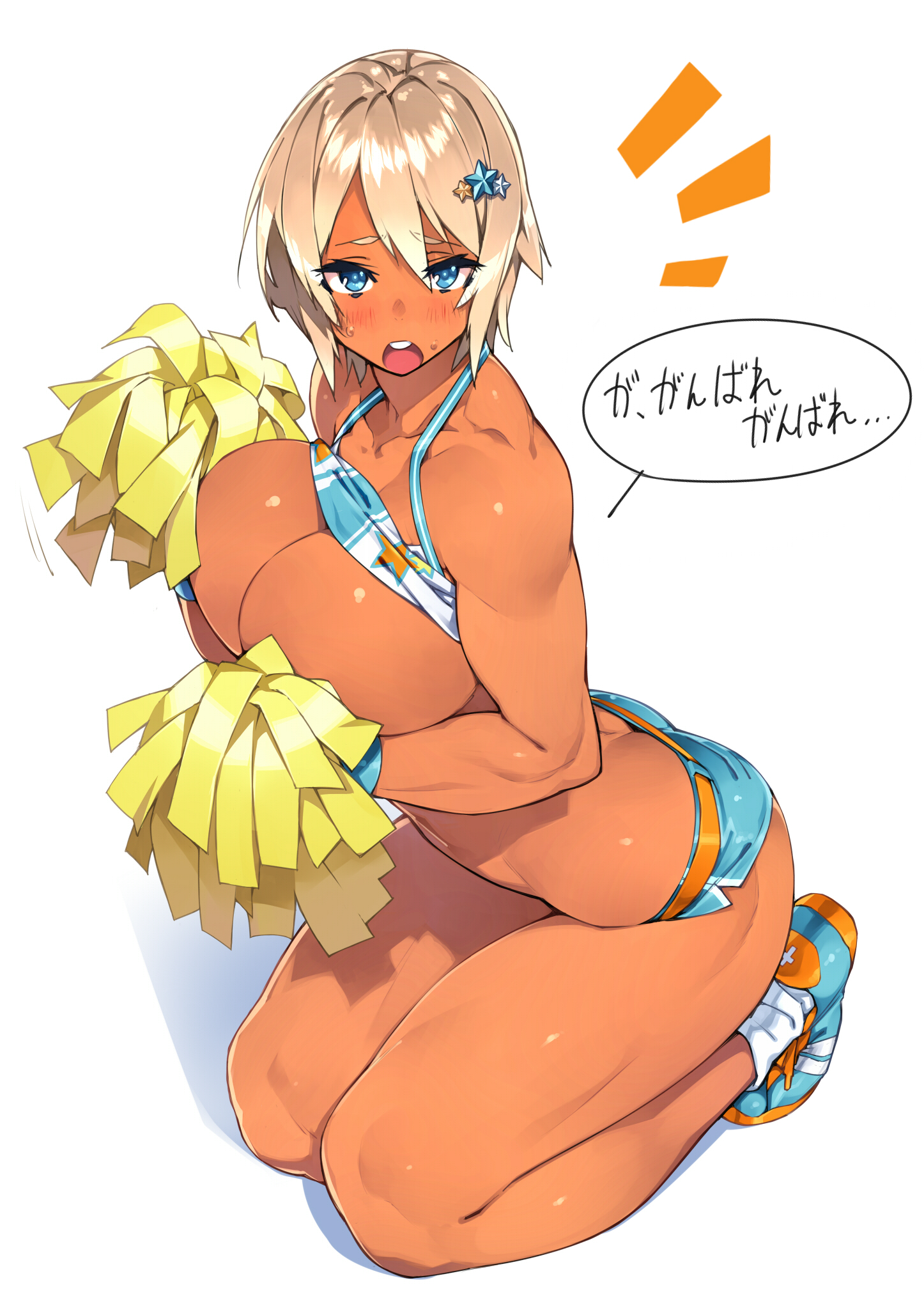 1girls, abs, blonde hair, blue eyes, blush, breasts, cheerleader, cleavage, dark skin, dark-skinned female, female, hair ornament, kneeling, large breasts, muscular, muscular female, open mouth, original, sela (sela god), sela god, shirt lift, shoes, short hair, shorts, socks, solo, sweatdrop, tank top
