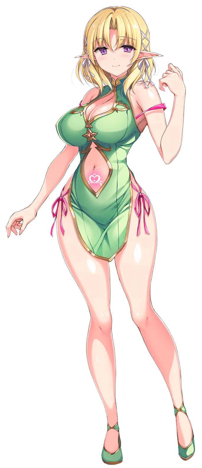 blonde_hair blue_eyes bra breasts cleavage_cutout clothing_cutout dress elf elf_ni_inmon_o_tsukeru_hon glowing_tattoo green_dress green_footwear hair_ribbon highres medium_breasts medium_hair ninoko original panties panty_peek parted_bangs pink_bra pink_panties png pointy_ears pubic_tattoo ribbon sasha_(ninoko) shiny_skin short_hair side-tie_panties sleeveless smile stomach_cutout strap_slip string_panties tattoo transparent_background transparent_png underwear white_ribbon