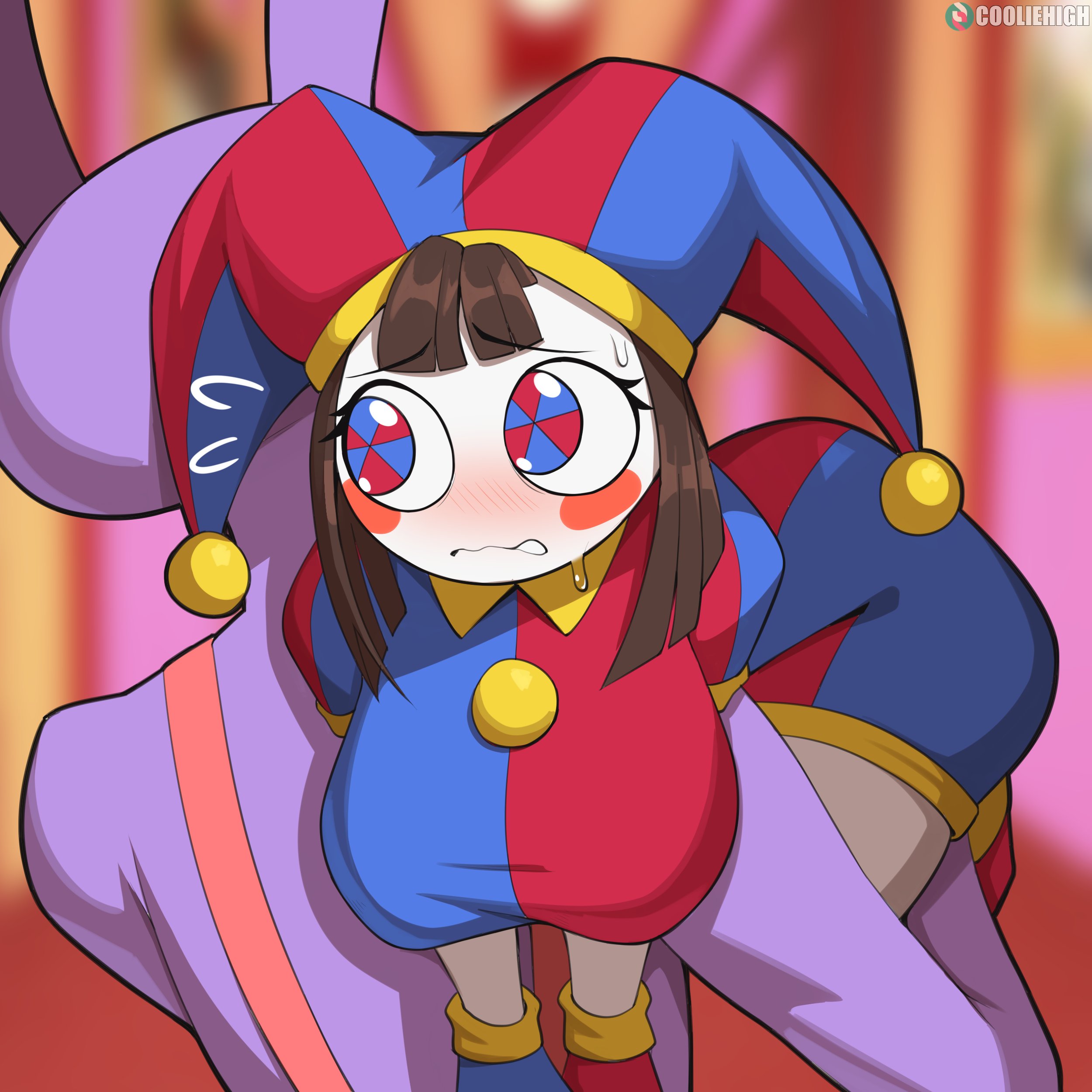 1boy, 1girls, big breasts, blush, breasts, cleavage, clothed, clothing, cooliehigh, female, glitch productions, jax (the amazing digital circus), male, pomni (the amazing digital circus), sweat, the amazing digital circus