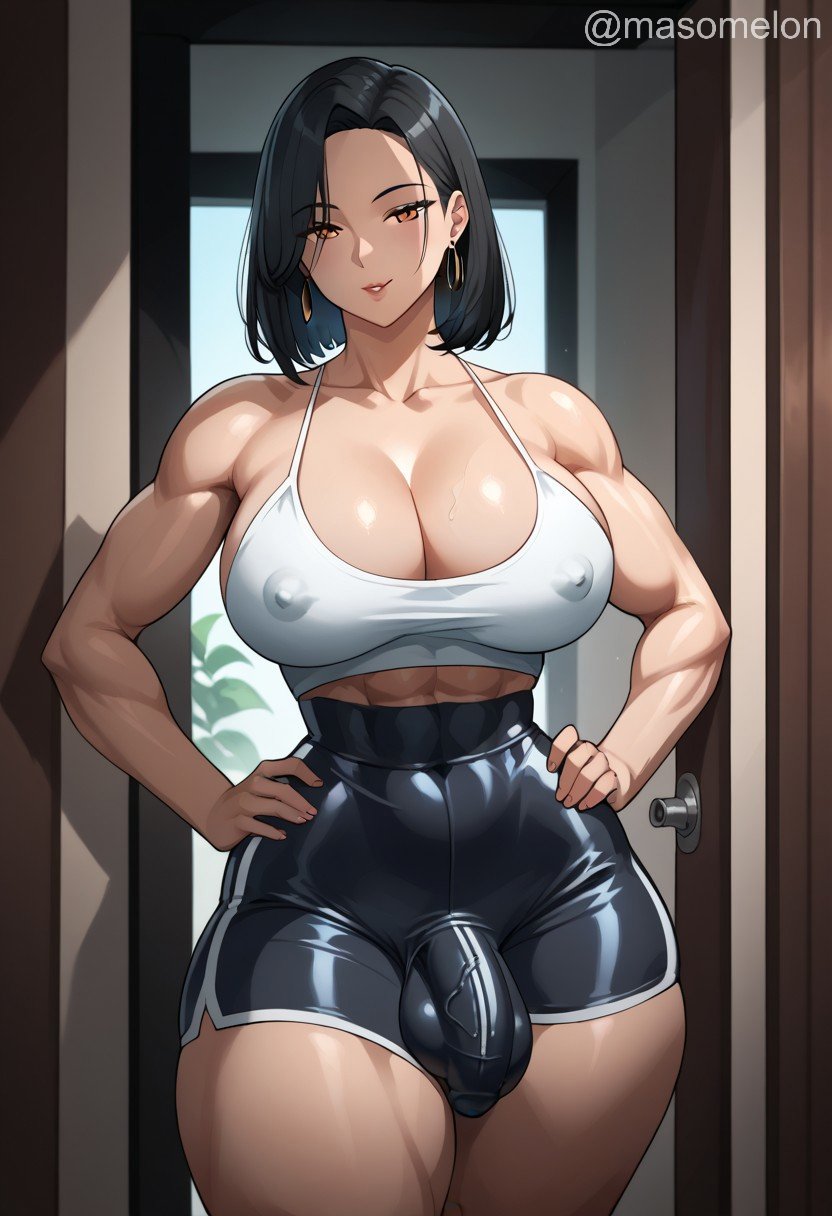 abs ai_generated bulge futadom futanari gym_uniform large_breasts masomelon milf muscular muscular_futanari thick_thighs veiny_penis wide_hips