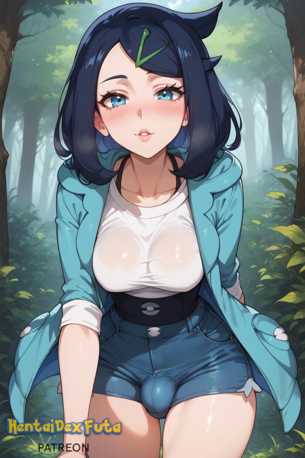 1futa ai_generated bangs black_hair blue_eyes blue_shorts blush breasts bulge bulge_through_clothing collarbone cowboy_shot day denim denim_shorts erect_penis erection erection_under_clothes forest futa_only futa_sans_pussy futanari hair_ornament hairclip hood hooded_jacket huge_cock jacket large_breasts liko_(pokemon) lips looking_at_viewer nature open_clothes open_jacket outdoors parted_lips pokemon shirt short_shorts shorts solo tree white_shirt