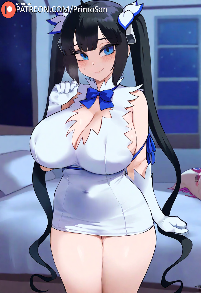 1girls, ai generated, black hair, blue eyes, breasts, dress, dungeon ni deai wo motomeru no wa machigatteiru darou ka, female, female only, hestia (danmachi), large breasts, long hair, oppai, primosan, revealing clothes, solo, twintails, white dress
