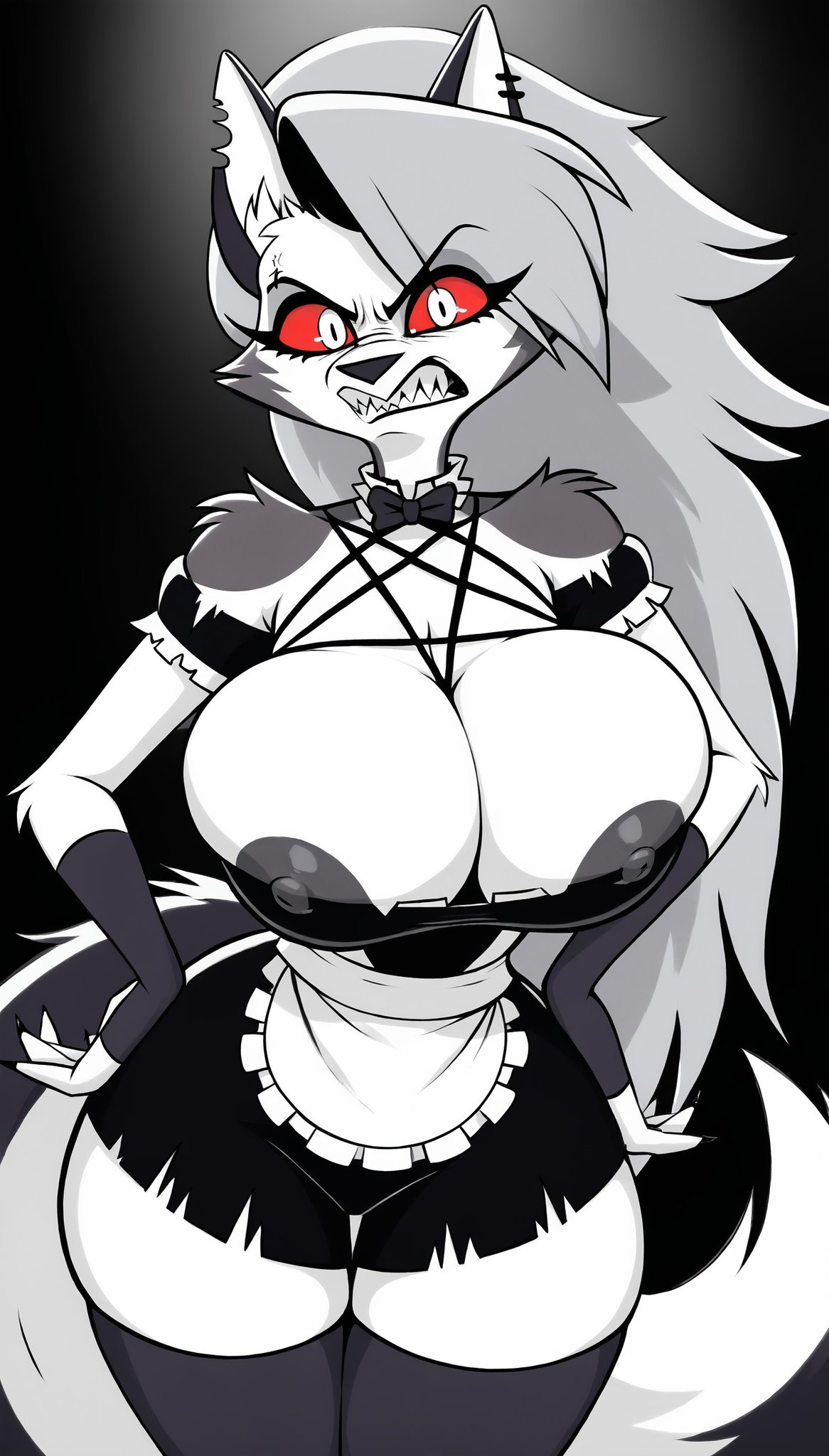 1furry ai_generated anthro big_breasts breasts furry helluva_boss long_hair looking_at_viewer loona_(helluva_boss) maid_uniform nipple_slip nipples nipples_visible_through_clothing no_bra red_eyes roger1011 sharp_teeth small_top thighhighs thighs wolf_ears wolf_tail