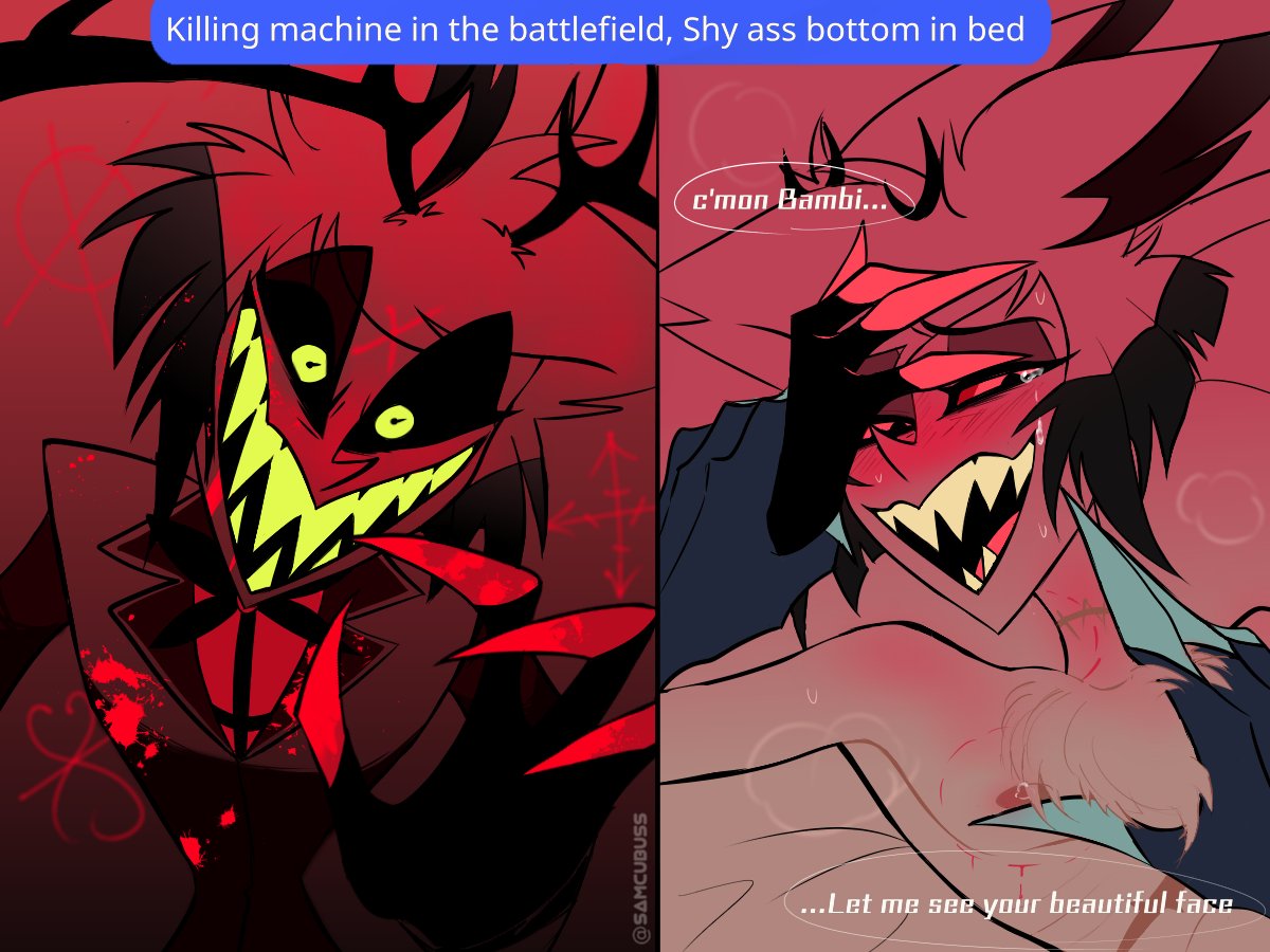 alastor (hazbin hotel), antlers, blush, demon, demon humanoid, gay, hazbin hotel, male, male only, samcubuss, tv head, vox (hazbin hotel), yaoi