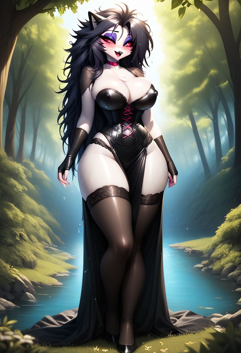 ai_generated breasts choker cleavage corset dress female furry gondor952 helluva_boss huge_breasts messy_hair octavia_(helluva_boss) owl_demon owl_girl thighhighs underwear