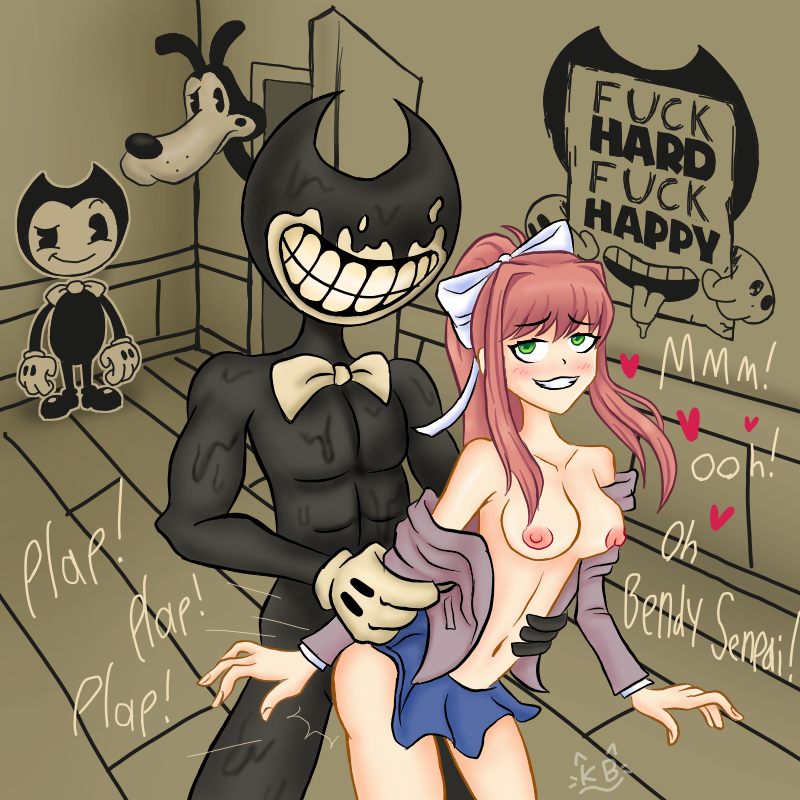 bendy bendy_and_the_ink_machine blush boris_the_wolf breasts crossover demon doggy_style doki_doki_literature_club female green_eyes horror human human_female ink ink_demon interspecies kitterbitter light-skinned_female light_skin male male/female monika_(doki_doki_literature_club) monster monster_on_female pointy_chin ponytail rubberhose wtf