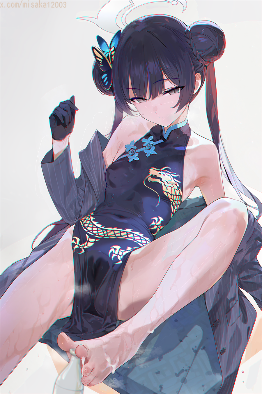 bare_shoulders barefoot black_dress black_gloves black_hair black_jacket blue_archive bottle butterfly_hair_ornament closed_mouth covered_navel cum cum_on_body cum_on_feet double_bun dragon_print dress female gloves grey_eyes hair_bun hair_ornament halo hand_up highres jacket kisaki_(blue_archive) long_hair long_sleeves looking_at_viewer misaka_12003-gou off_shoulder simple_background sleeveless sleeveless_dress solo thighs toes twitter_username