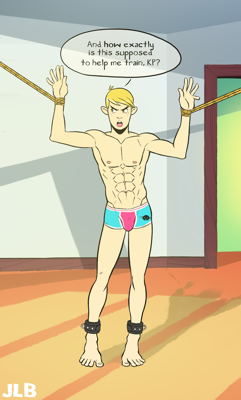 1boy artist_signature big_ears blonde_hair boxers boxers_(clothing) boxers_only disney disney_channel eight_pack fit jagged-808 kim_possible kinky out_of_frame out_of_frame_female ron_stoppable rope speech_bubble tiptoes