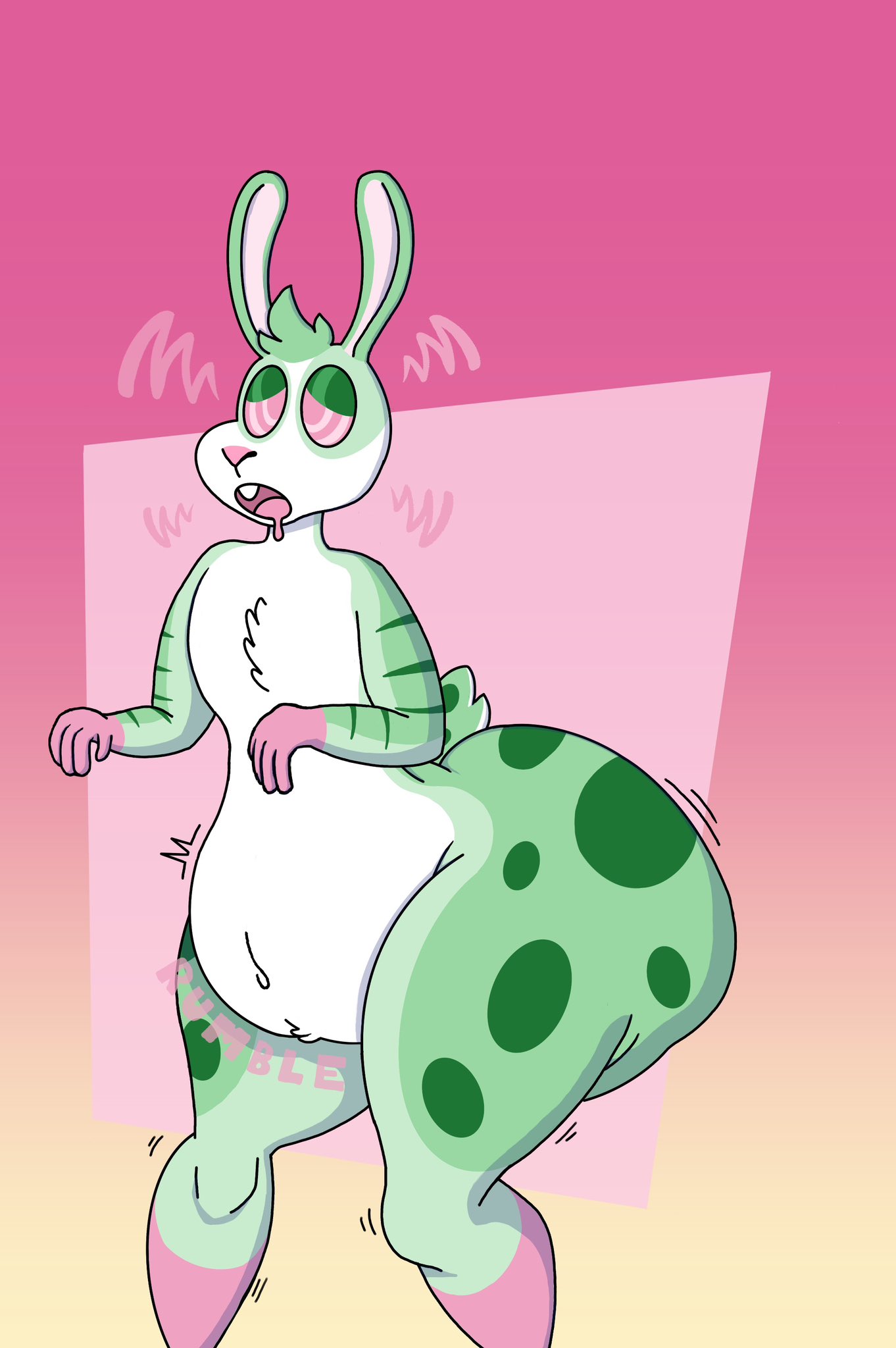 ass big_butt bundraws bunny bunny_boy butt_jiggle cum_inflated_belly dazed drooling furry furry_ass gay green_fur huge_ass hypno_eyes hypnosis inflation male_only striped surprised