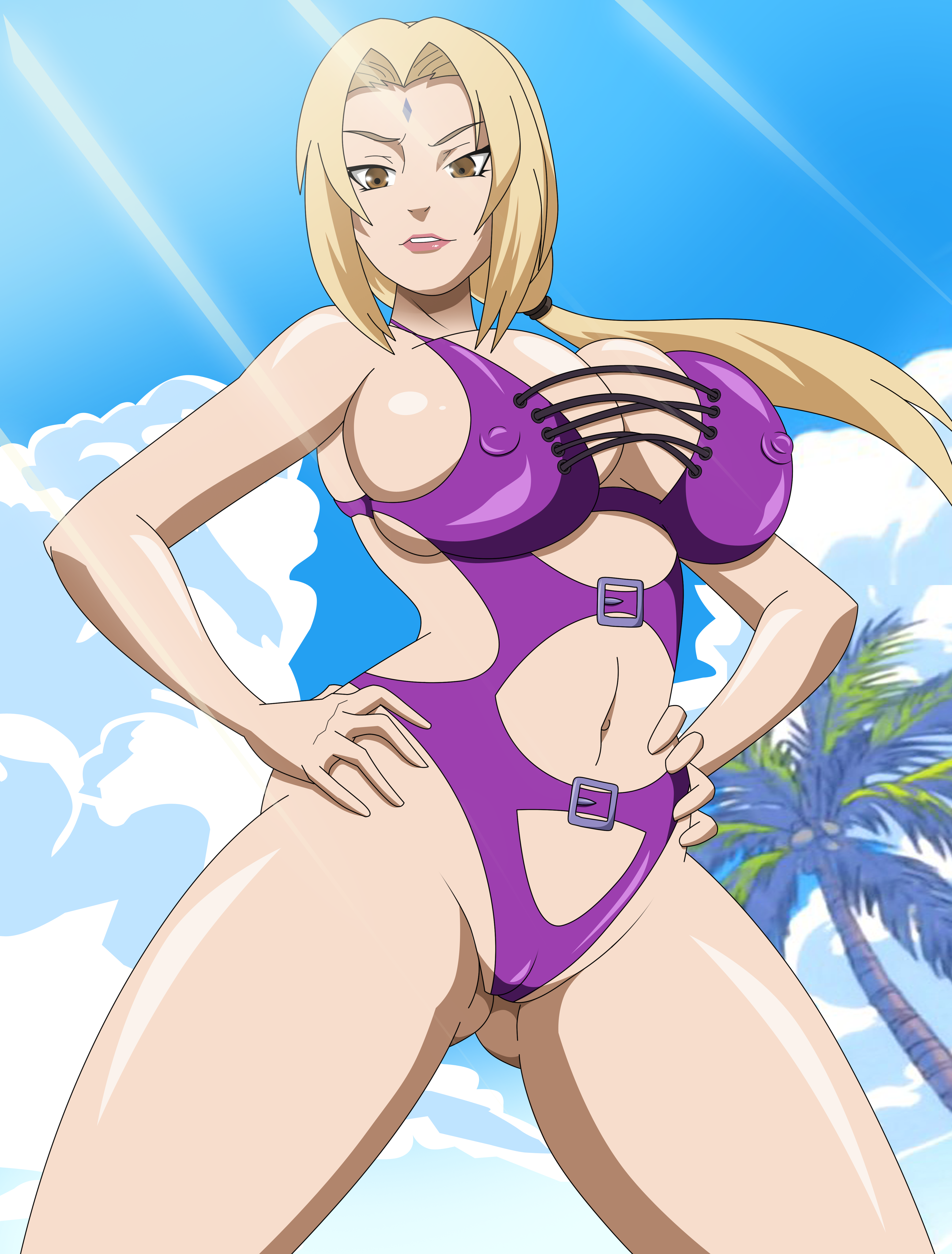 1girls, absurdres, adult swim, blonde hair, breasts, brown eyes, cameltoe, cartoon network, covered nipples, fat breasts, female, female only, flat belly, forehead mark, grimphantom, hands on hips, highres, huge breasts, human, human only, naruto, naruto (series), navel, nipples, one-piece swimsuit, outdoors, parted lips, pov, purple swimsuit, pussy, smile, solo, sunbeam, sunlight, swimsuit, toonami, tsunade, uncensored