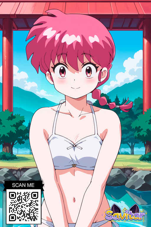 ai_generated bangs beach bikini blue_sky blush braid braided_ponytail breasts clavicle cleavage closed_mouth clothing cloud day female female littlehentai long_hair looking_at_viewer mountain navel outdoors pink_eyes pink_hair ranma-chan ranma_1/2 red_eyes red_hair saotome_ranma savitar side-tie_bikini_bottom single_braid sky small_breasts smile solo swimsuit tied_hair tree v_arms water white_bikini white_swimsuit