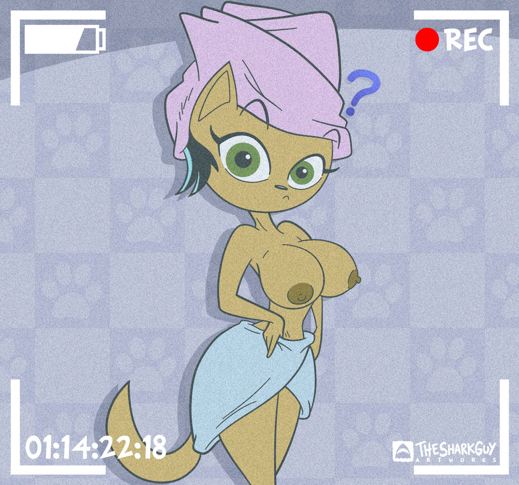 anthro, breasts, color, feline, female, female only, fur, furry, furry breasts, kitty katswell, recording, solo, standing, t.u.f.f. puppy, tagme, topless, towel