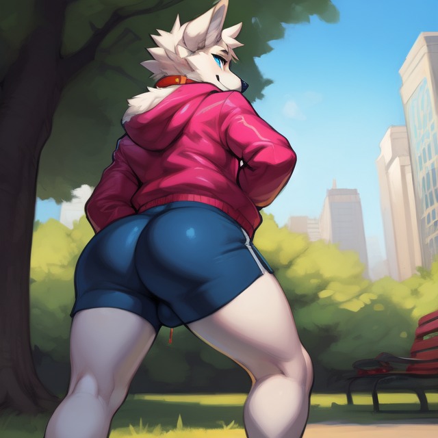 1boy ai_generated alexy_lobito anthro balls big_ass big_ass_(male) big_butt big_butt_(male) canid canine canis clothed clothing domestic_dog femboy frosting.ai furry furry_only gay looking_at_viewer looking_back_at_viewer los_compas male male_only muscles park sugar1989 wolf wolfdog youtube youtube_hispanic