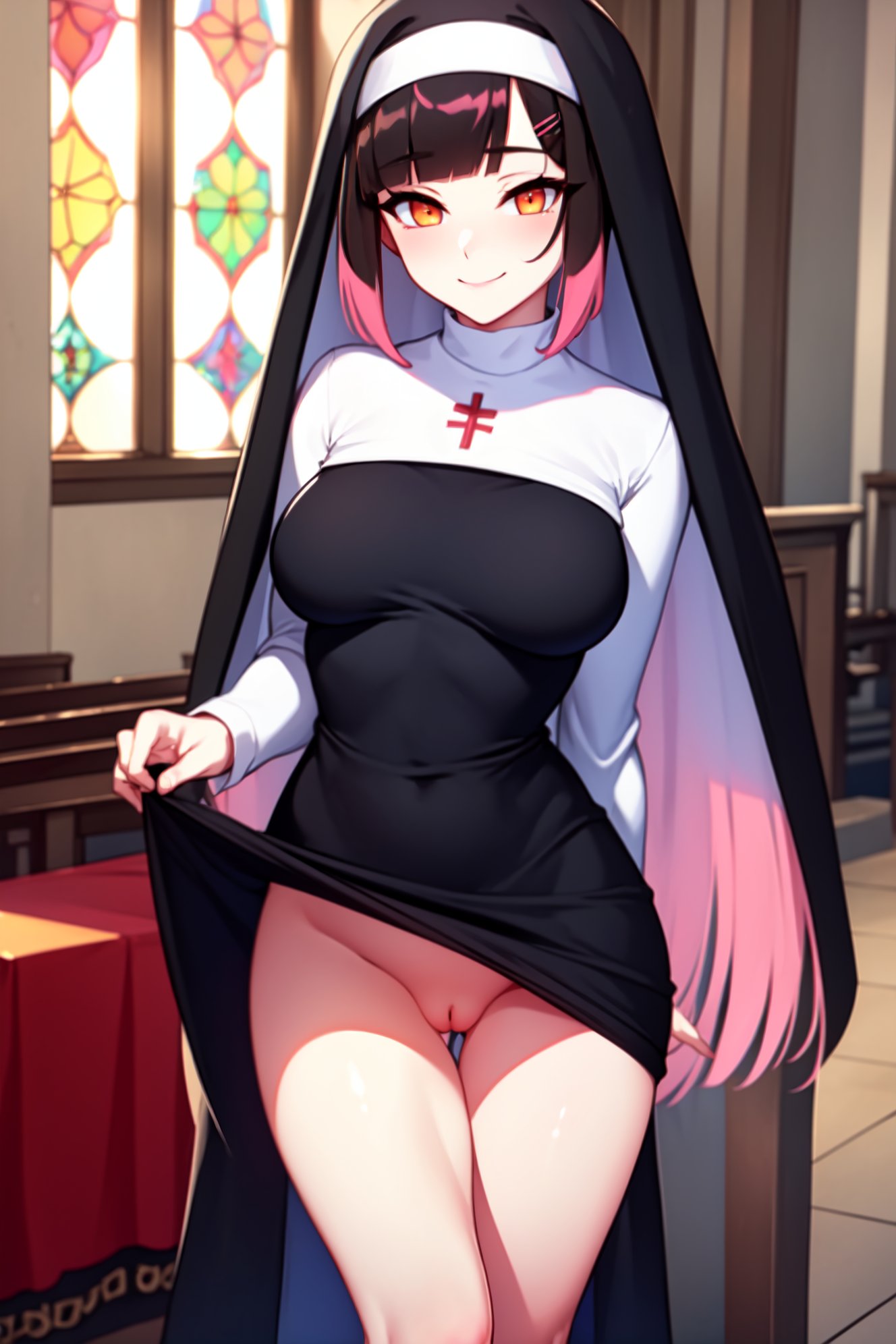 1girls ai_generated alufliniy big_breasts breasts brown_hair church exposed_pussy flashing flashing_breasts hana_yomeguri indoors lifted_skirt long_hair multicolored_hair no_panties nun nun_outfit orange_eyes pink_hair public pussy solo_female tagme thighs virtual_youtuber vtuber