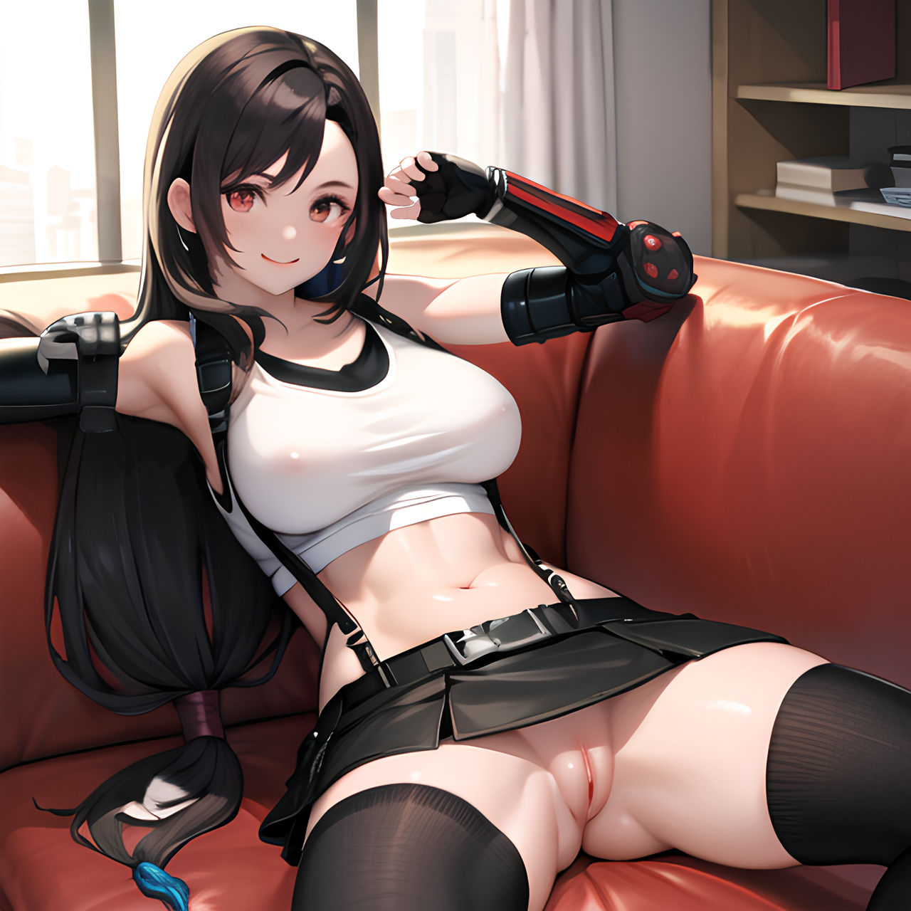 ai_generated arms_up big_tits black_hair_female boobs bracer bracers cute elbow elbow_gloves elbow_sleeve elbows eye eyebrows eyelashes feet_out_of_frame female_only final_fantasy final_fantasy_vii final_fantasy_vii_remake fingerless_gloves gloves hair_ribbon hair_ring hands_up hips inviting inviting_to_eat inviting_to_fuck inviting_to_lick inviting_to_sex inviting_viewer kneehighs leggings legs legs_apart long_hair long_hair_female looking_at_viewer no_panties pov pussy pussy_lips red_eyes red_hair_female seducing seductive shoulders showing_pussy sitting_on_couch skirt slim_waist smile smile_at_viewer solo solo_female stomach suspenders tank_top thigh_highs thighhighs tifa_lockhart triceps video_game_character voiceofdespair wanting_sex white_shirt