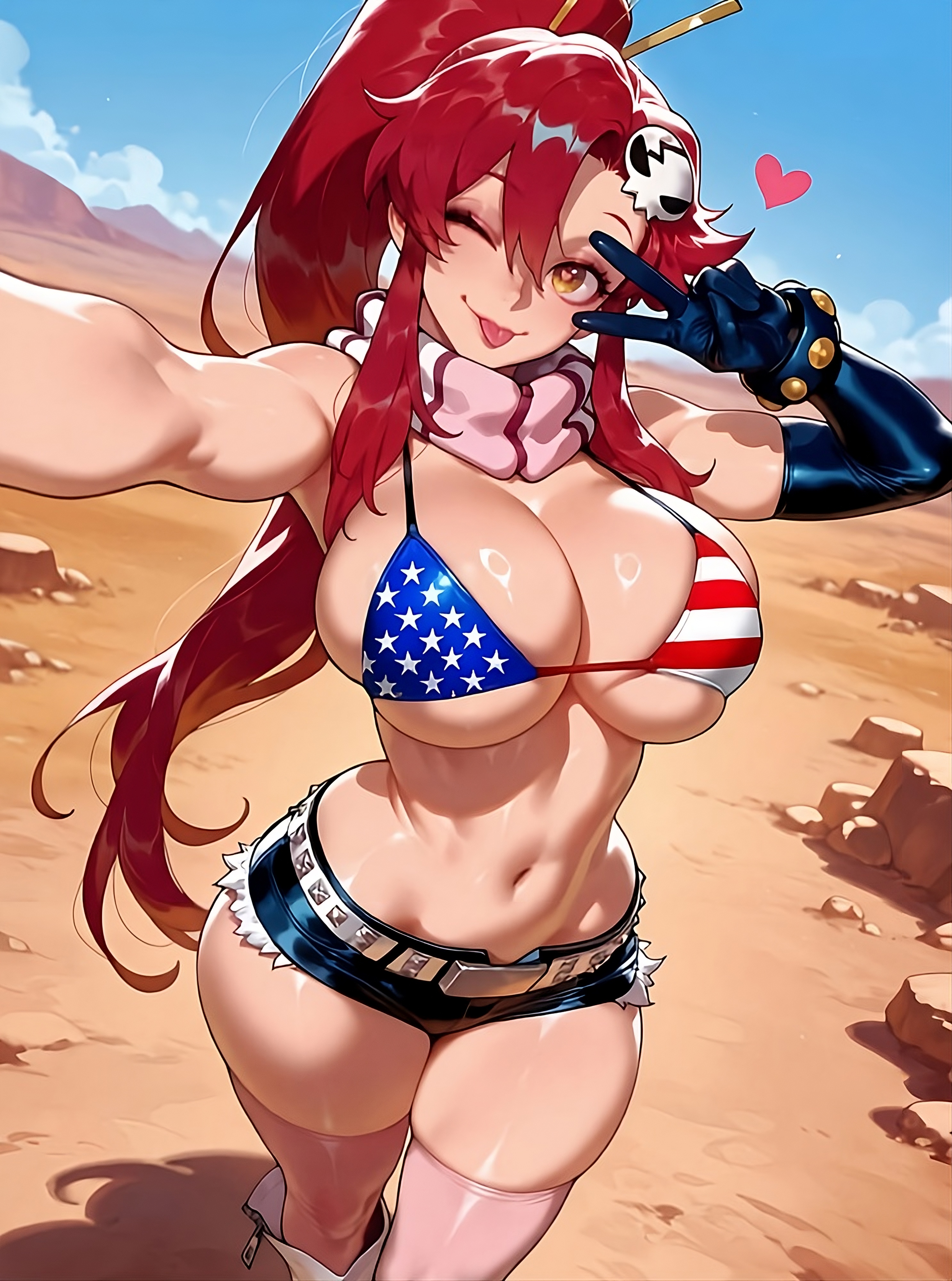 1girls, ai generated, american flag bikini, arm warmer, arm warmers, blue sky, bracelet, breasts, clouds, female, hair accessory, heart eyes, heart symbol, hi res, hires, hourglass figure, narrow waist, one eye closed, one eye open, peace sign, pony tail, red hair, scarf, selfie, shorts, stars, stripes, taking selfie, tengen toppa gurren lagann, tongue out, underboob, white boots, wide hips, yellow eyes, yoko littner
