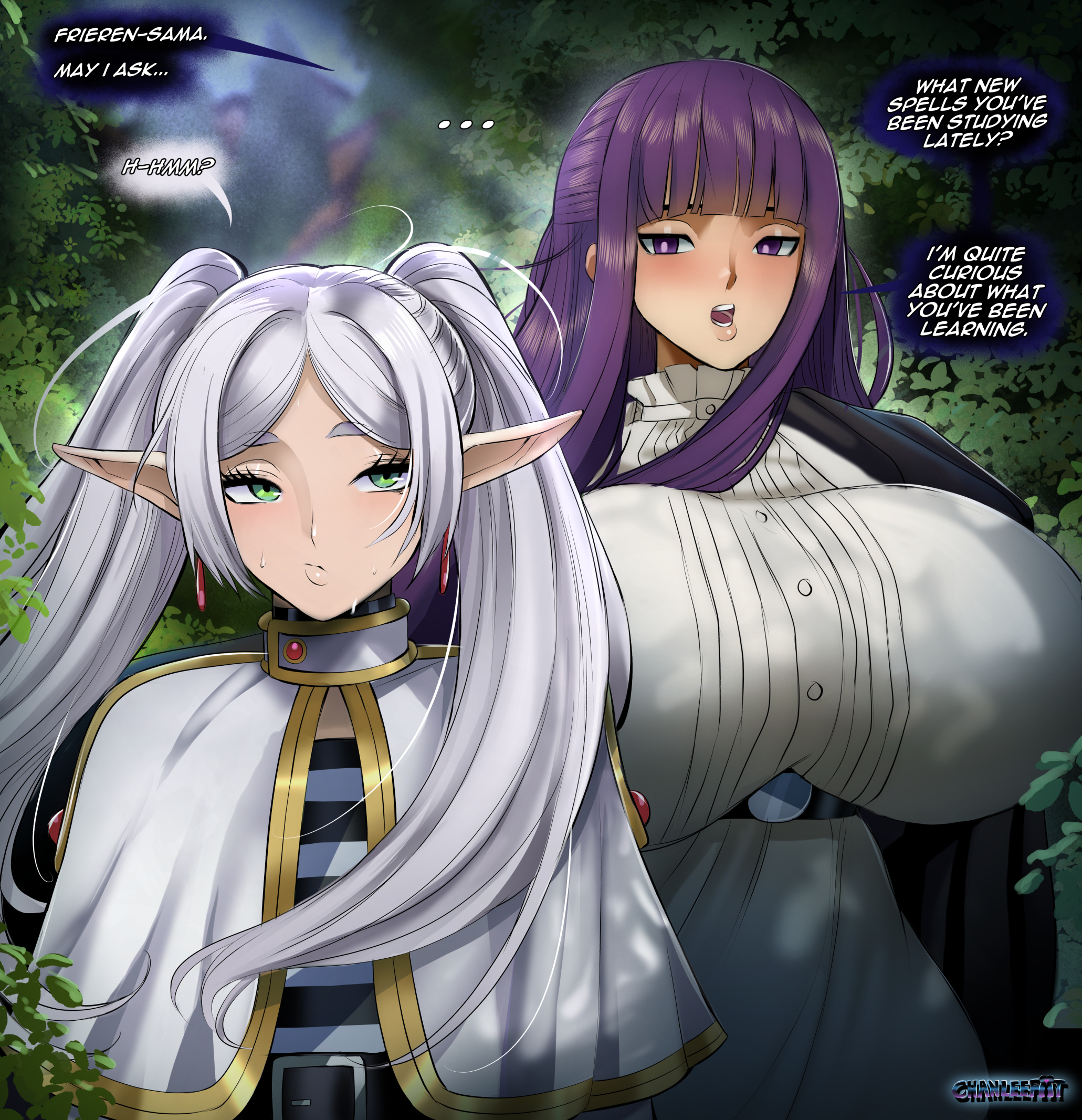 2girls, big breasts, breasts, breasts bigger than head, chanleefat, elf, elf ears, elf female, english text, female, female only, fern (sousou no frieren), forest, frieren, huge breasts, hyper breasts, massive breasts, multiple females, multiple girls, purple hair, sousou no frieren, text, top heavy, walking, white hair