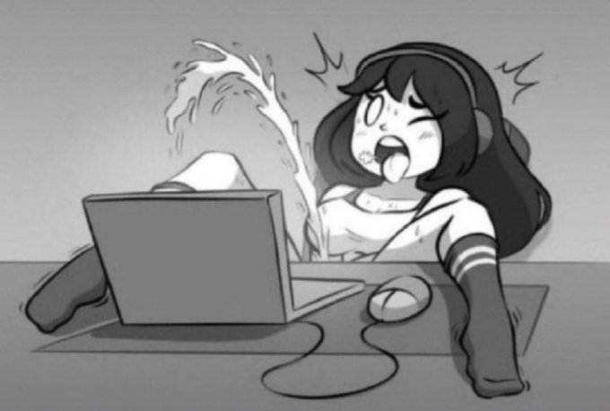 1girls ahe_gao black_hair blush computer donut_bonut duplicate ejaculation electronics female female_focus female_only gooning greyscale headphones highres laptop masturbation meme one_eye_closed open_mouth original original_character socks solo solo_female solo_focus squirting tongue tongue_out