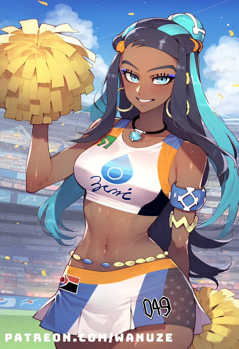 ai_generated big_ass big_breasts big_butt big_thighs blue_eyes blush cheerleader crop_top dark-skinned_female eyeshadow huge_ass huge_butt huge_thighs medium_breasts multicolored_hair nessa_(pokemon) pleated_skirt pokemon pom_poms wanuze wide_hips