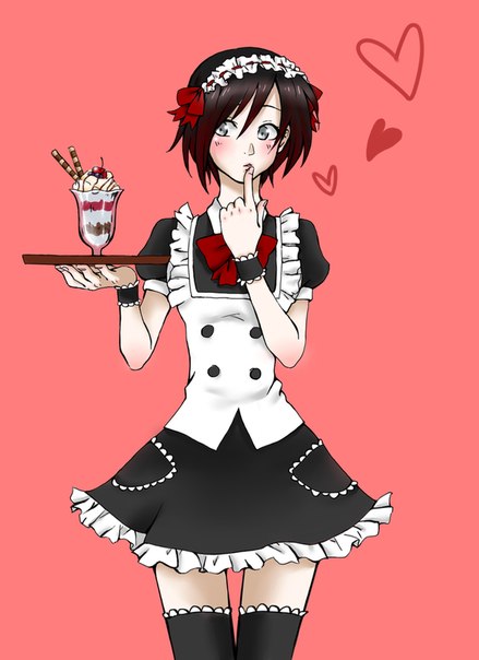 <3, 1girls, blush, female, hair, human, leggings, maid, maid outfit, maid uniform, milkshake, ruby rose, rwby, simple background, solo, tagme