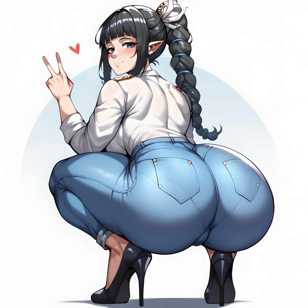 ai_generated baldur's_gate_3 black_hair blue_jeans blunt_bangs braided_ponytail denim denim_clothing denim_jeans eogard_orc heart_symbol high_heels huge_butt shadowheart simple_background squatting squatting_position stable_diffusion victory_sign