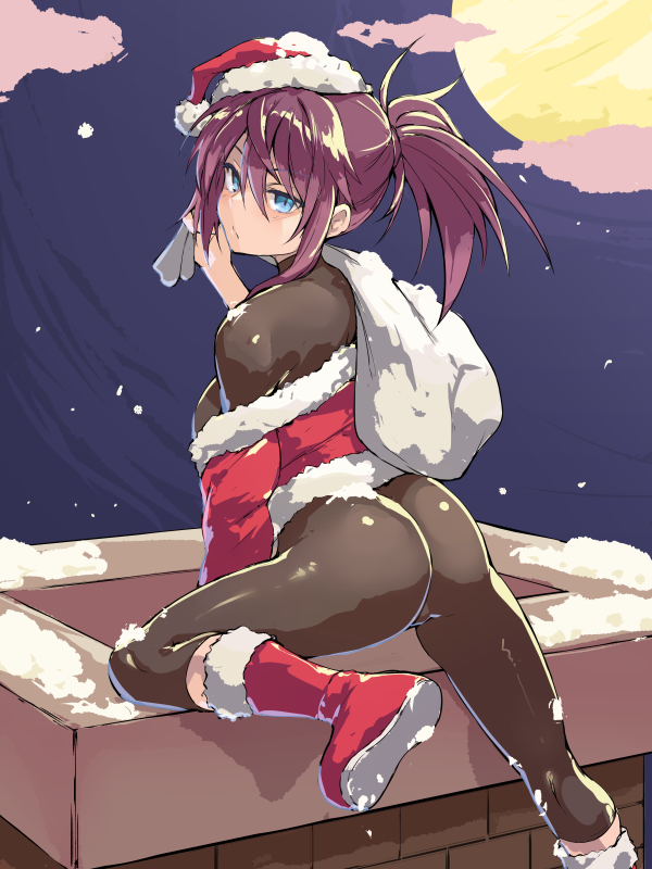 1girls ass bangs black_bodysuit blue_eyes bodysuit bodysuit_under_clothes boots brown_hair butt_focus chimney christmas full_moon fur_trim hair_between_eyes hat holding imura_(shiro_maru) kunoichi long_hair looking_at_viewer looking_back moon nice_ass night night_sky ninja off_shoulder outdoors ponytail purple_hair red_footwear rooftop sack santa_costume santa_hat shiro_maru skin_tight sky snow solo