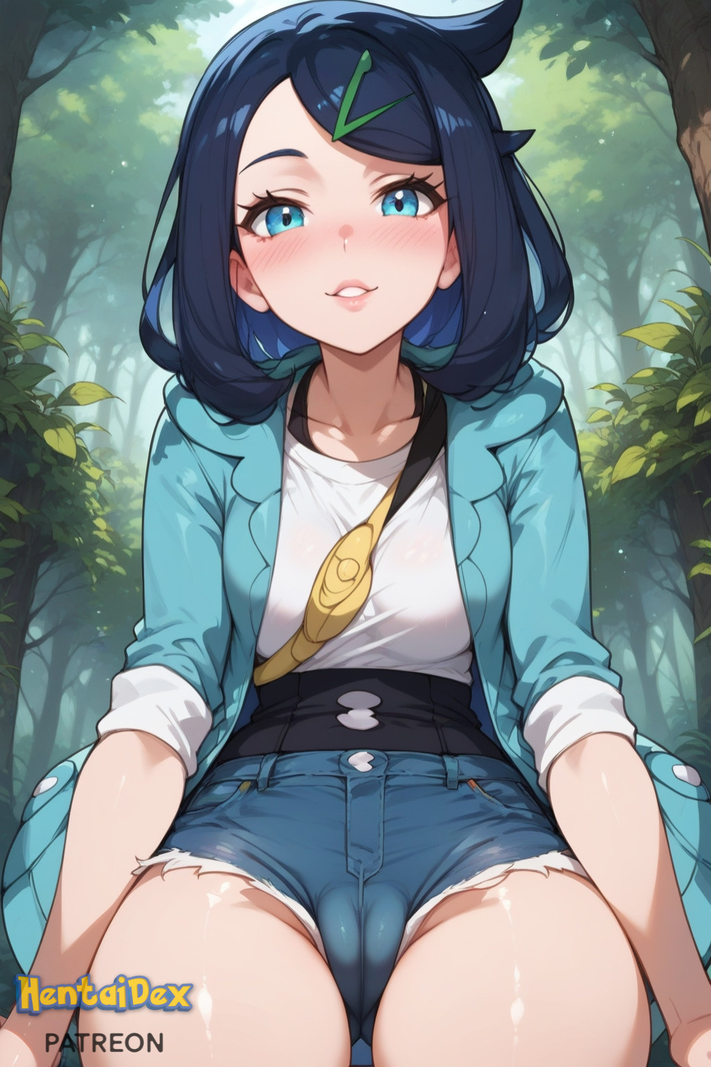 ai_generated artist_name bangs black_hair blue_eyes blue_jacket blue_shorts blush breasts collarbone day denim denim_shorts female forest hair_ornament hairclip hentaidex hentaidexfuta hood hooded_jacket jacket liko_(pokemon) lips looking_at_viewer medium_breasts nature open_clothes open_jacket outdoors parted_lips pokemon see-through shirt short_shorts short_sleeves shorts smile solo thigh_gap tree wet wet_clothes wet_shirt white_shirt