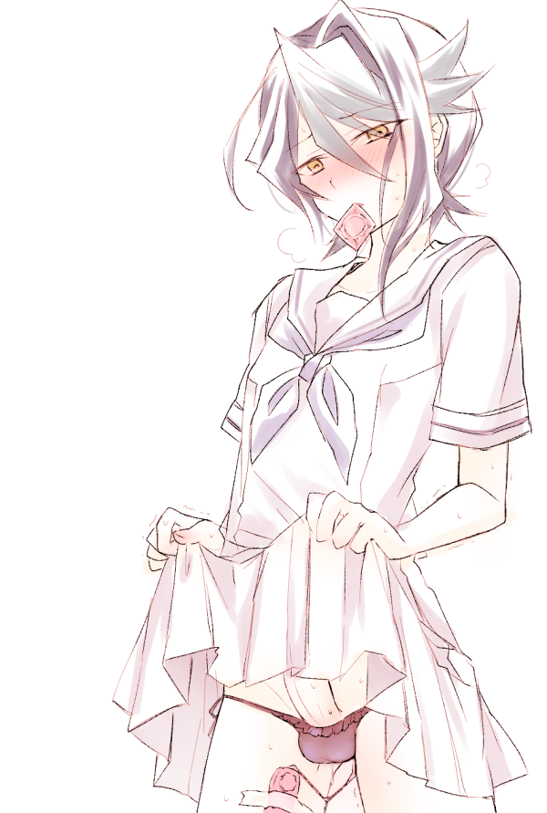 1boy androgynous blush costume crossdressing erection kurosaki_shun male_only pale_color panties penis penis_in_panties school_uniform sex_toy solo sweat tagme testicles trap underwear undressing white_background