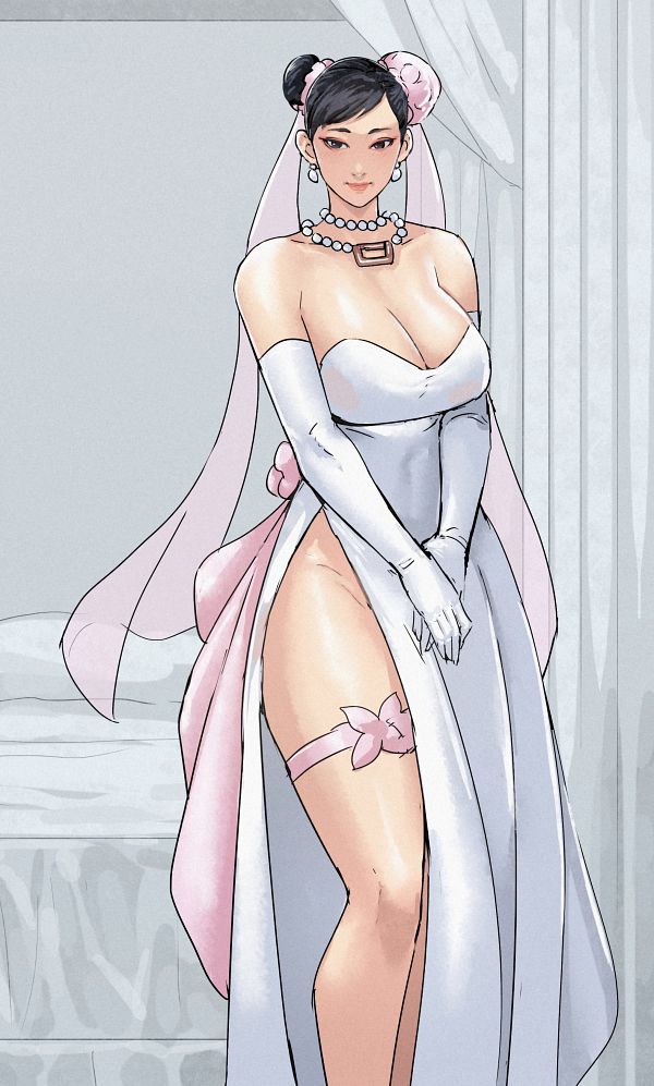 asian asian_female bare_shoulders big_breasts black_hair bride bride_veil chun-li chun-li_(street_fighter_6) cirenk gloves looking_at_viewer mature_female milf necklace renkciii skirt slim_waist street_fighter thick_thighs tied_hair wedding_dress wedding_lingerie wide_hips