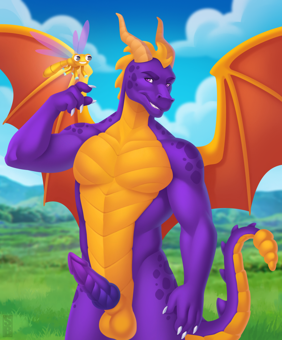 anthro_dragon boner clouds grass green horns knot looking_at_viewer naked penis purple purple_dragon red scales scalies sky sparx spyro spyro_the_dragon wings yellow yellow_balls