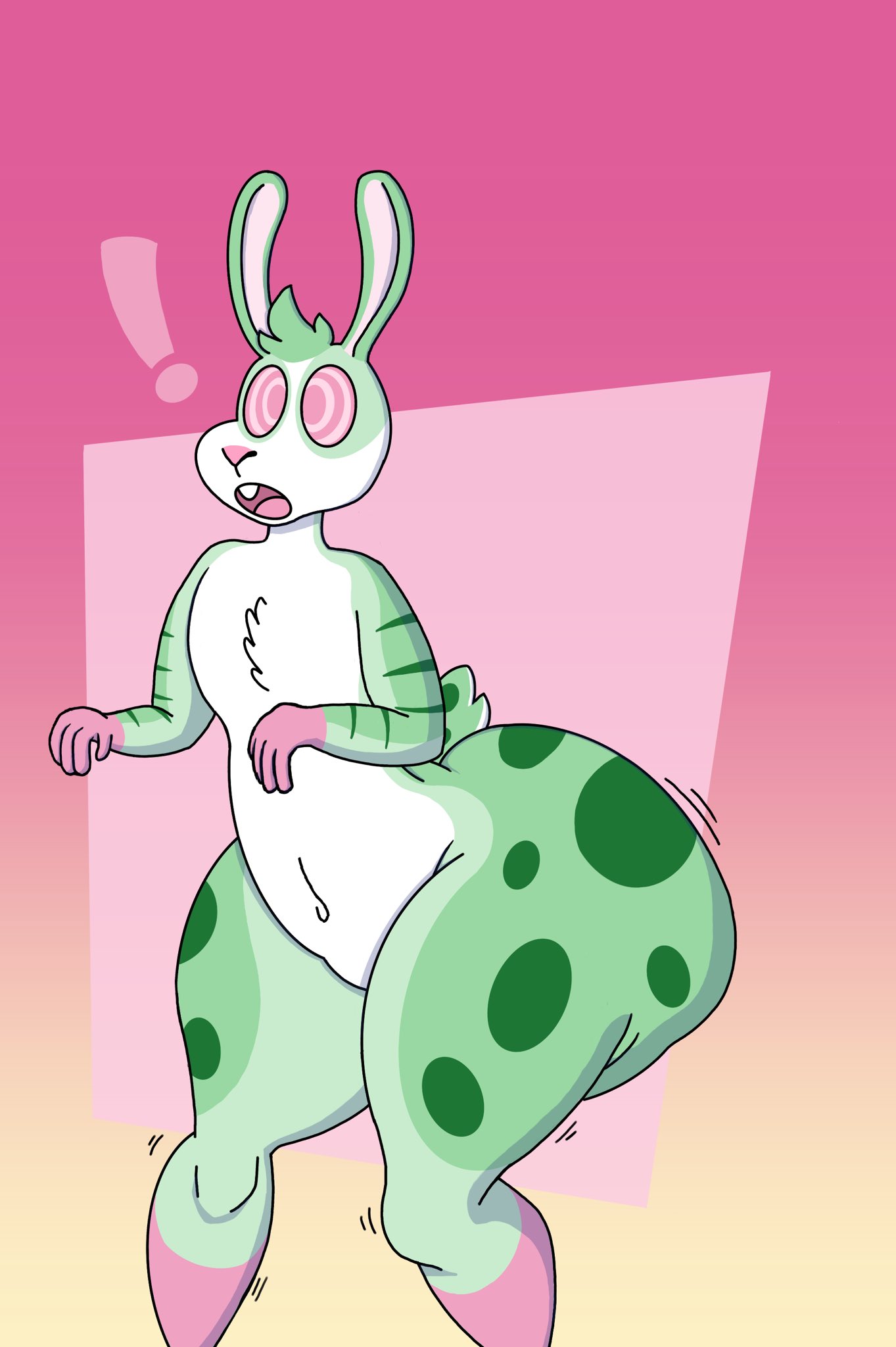 ass big_butt bundraws bunny bunny_boy butt_jiggle furry furry_ass gay green_fur huge_ass hypno_eyes hypnosis inflated_butt male_only striped surprised