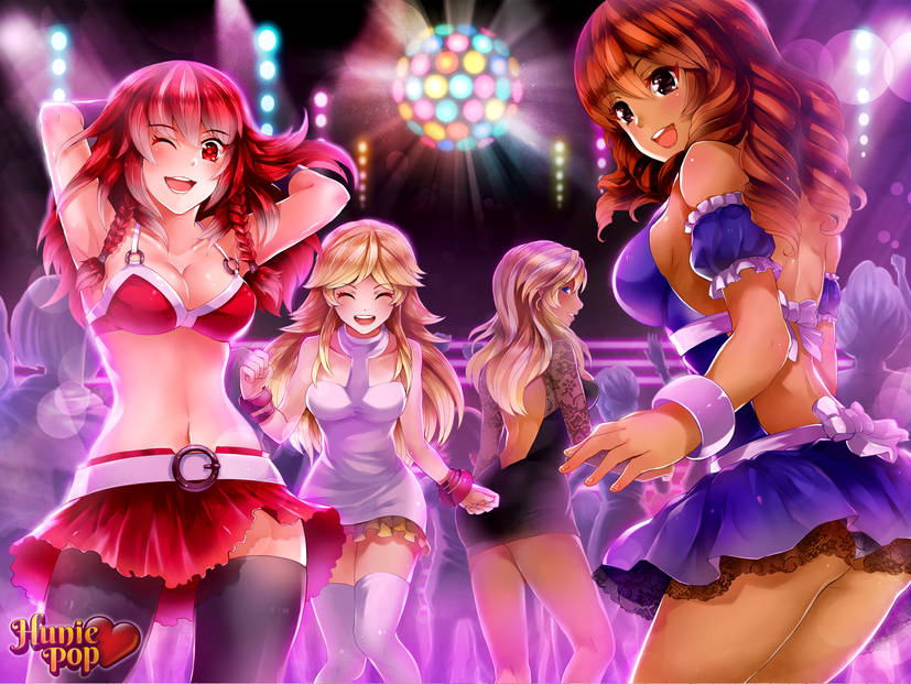 4girls audrey_belrose belt black_dress blonde_hair blue_eyes bra bracelet breasts brown_eyes brown_hair closed_eyes dancing disco_ball dress huniepop huniepot jessie_maye lola_rembrite long_hair medium_breasts midriff milf mother_and_daughter navel nightclub official_art purple_dress red_bra red_eyes red_hair red_skirt skirt thighhighs tiffany_maye white_dress