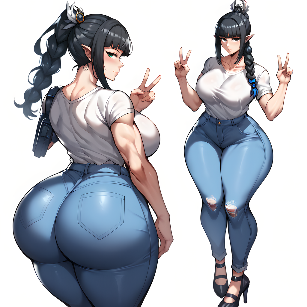 ai_generated alluring baldur's_gate_3 black_hair blue_jeans blunt_bangs braided_ponytail eogard_orc front_and_back high_heels huge_ass shadowheart stable_diffusion thick_thighs tight_pants v_sign white_background white_shirt